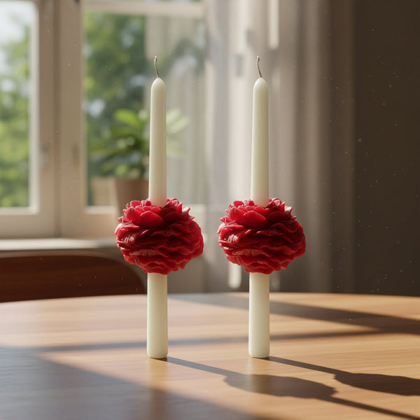 Peony Taper Velvet Rose Soy Wax Candle Set - Red
