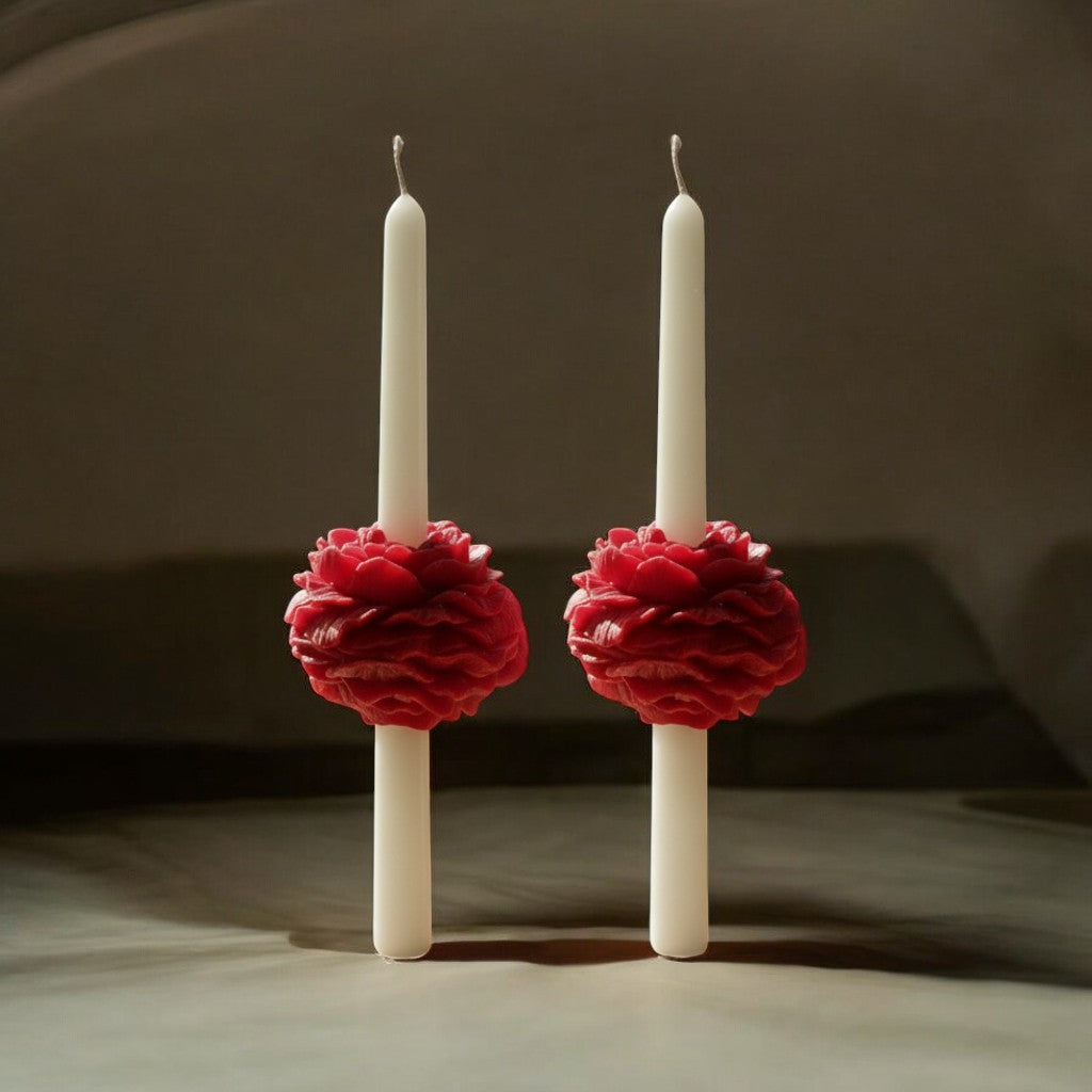 Peony Taper Velvet Rose Soy Wax Candle Set - Red