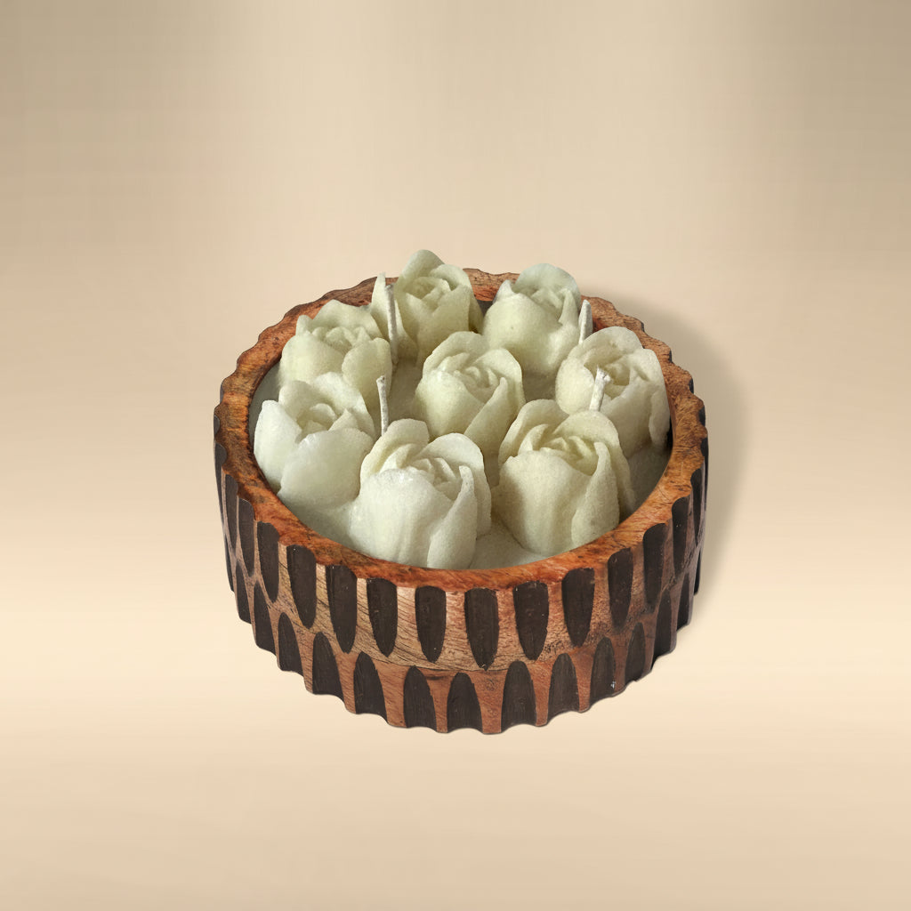 Tulip Bloom Banquet Garden Candle in Wooden Bowl