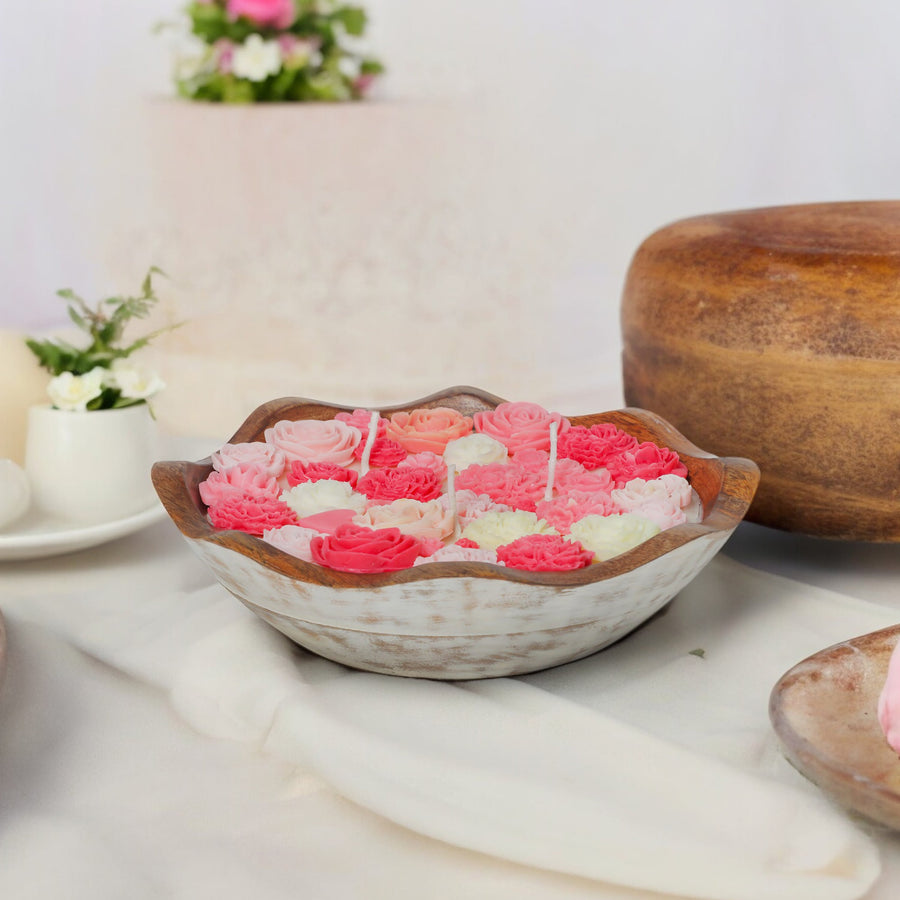 Blooming Bouquet Velvet Rose Candle in Wooden Bowl